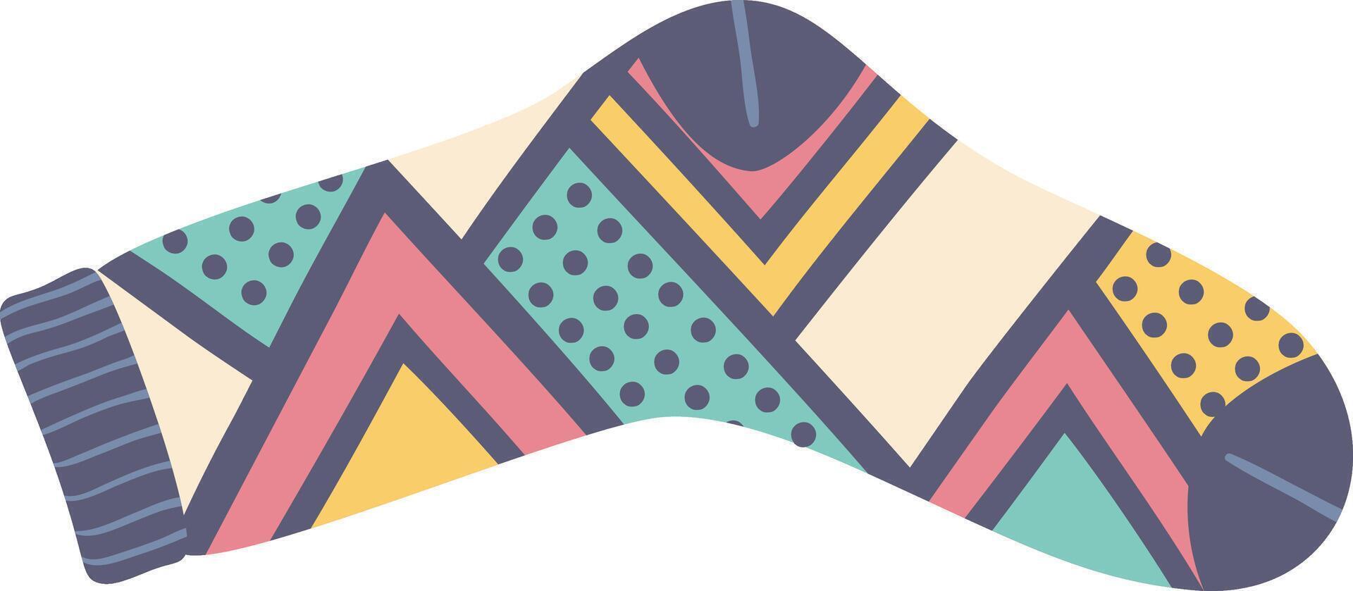 Single sock with a vibrant memphis inspired pattern showcasing geometric shapes, triangles, and polka dots on a light background creates a playful and stylish accessory vector