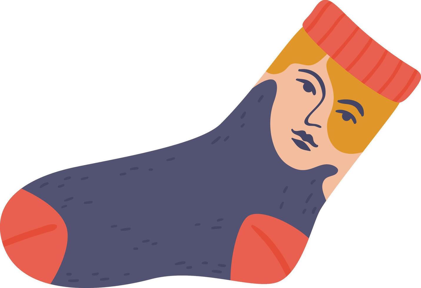 Cozy and playful sock featuring a unique human face design, adding a touch of whimsy to everyday winter attire and bringing warmth and comfort vector