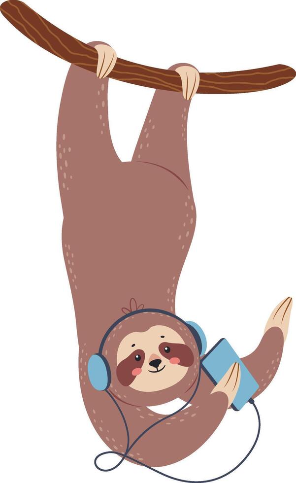 Cartoon illustration of a funny sloth hanging upside down on a tree branch, wearing headphones and listening to music on a smartphone, enjoying his leisure time vector