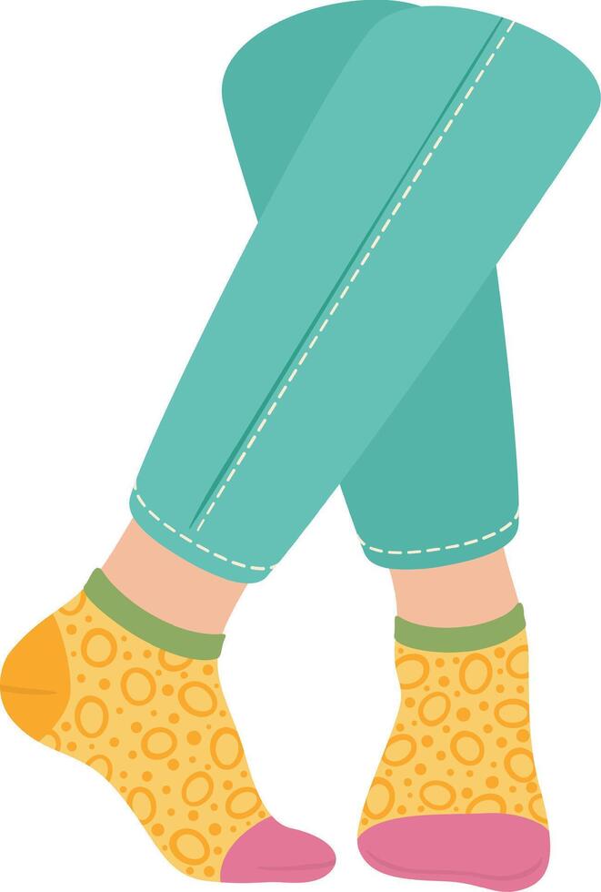 Crossed woman legs with turquoise trousers and yellow patterned socks on white background representing fashion, clothing, style, and modern trends vector