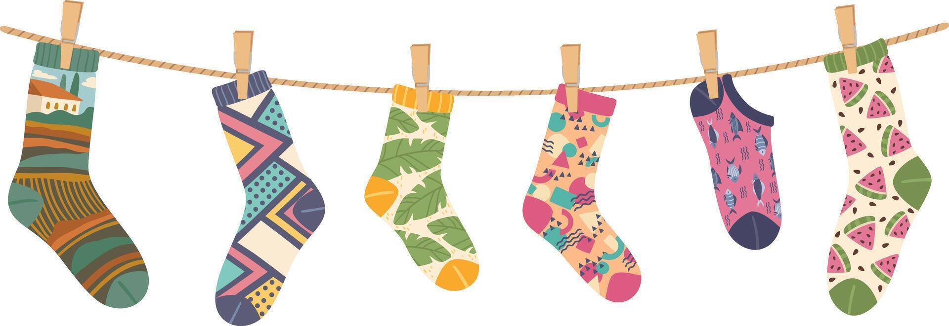 Colorful socks featuring a variety of playful patterns and designs are hanging on a clothesline, infusing the scene with whimsy and a sense of individuality vector