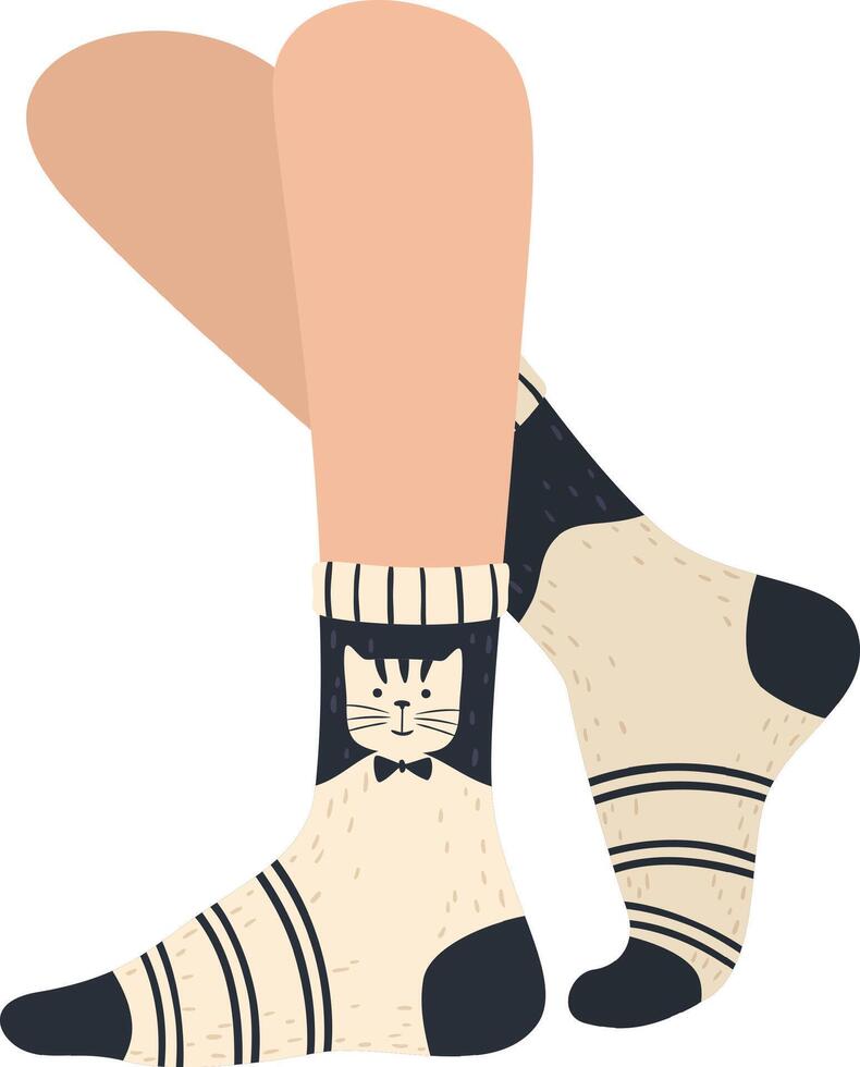 Stylish woman displaying trendy socks adorned with an adorable cat wearing a bow tie, infusing her outfit with a whimsical and playful flair vector