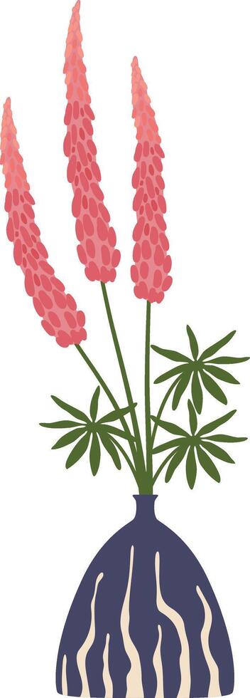 Minimalist illustration representing a bouquet of pink lupine flowers with green leaves in a striped vase, creating a simple yet elegant decorative element vector