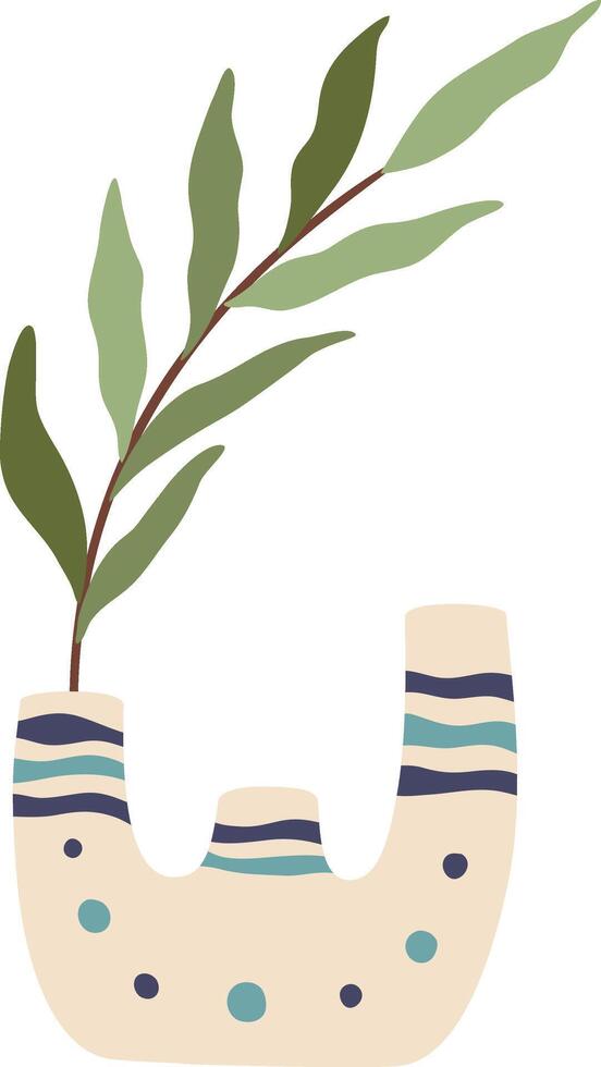 Minimalist illustration of a green branch growing from an oddly shaped beige vase with blue decorations, isolated on a white background, perfect for home decor projects or as a design element vector