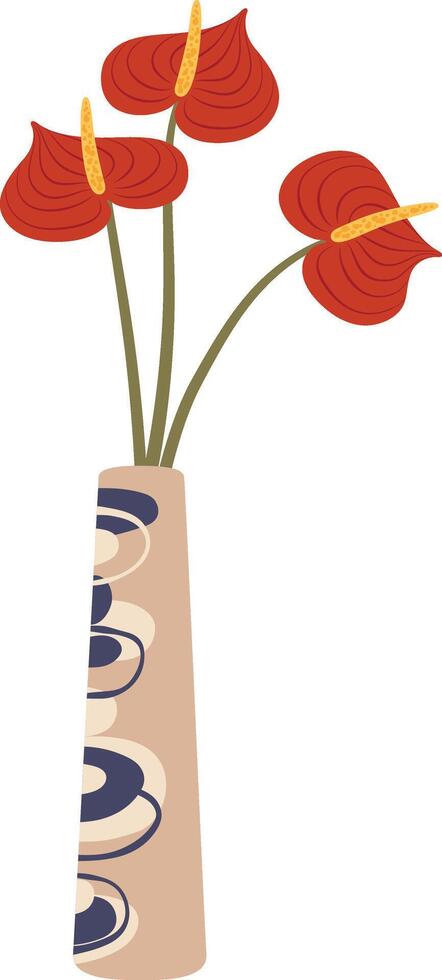 Three red anthurium flowers with yellow pistils standing in a beige ceramic vase decorated with blue and light brown circles on a white background vector
