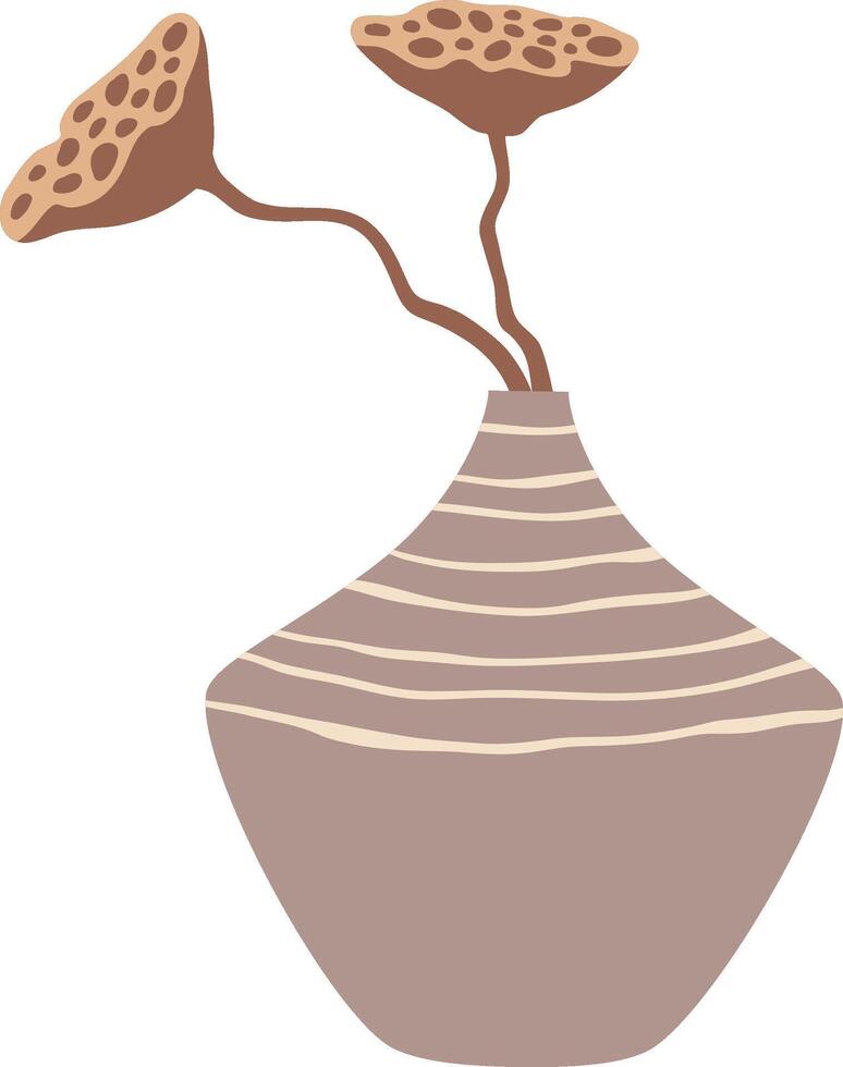 Two dried lotus flowers are gracefully arranged in a stylish striped vase, creating a simple yet elegant decorative piece for interior design vector
