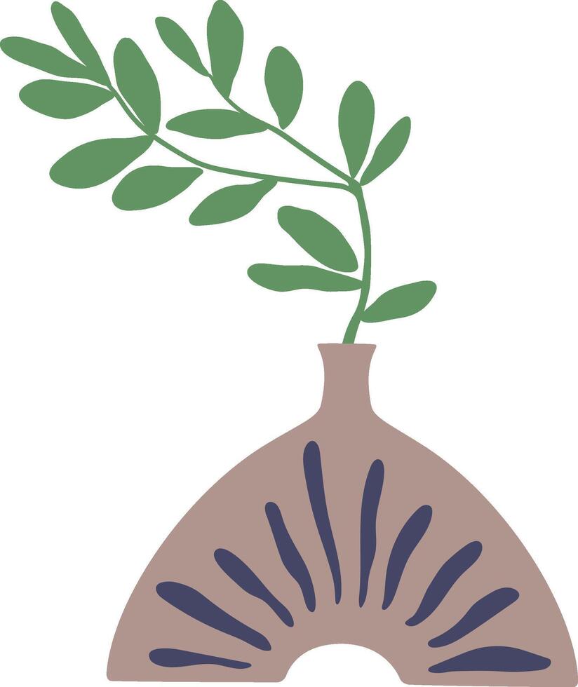 Minimalist illustration featuring a lush green plant thriving in a modern half moon shaped vase, adding a stylish and contemporary touch to any decorative setting vector
