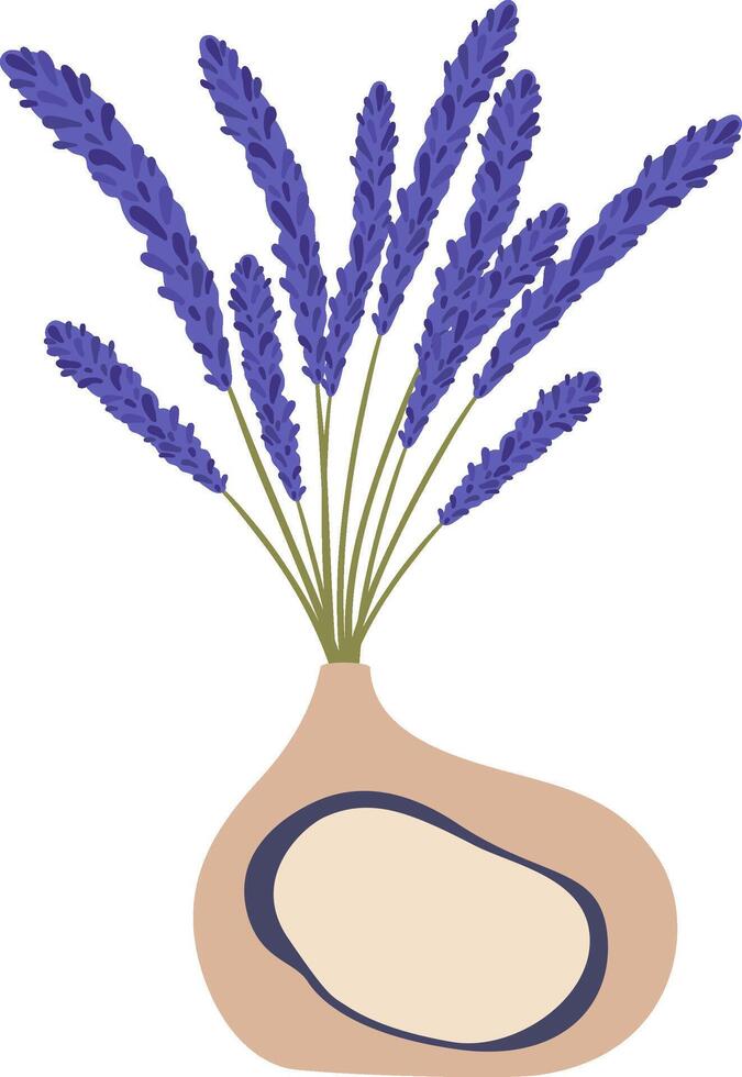 Fresh bouquet of lavender flowers with long green stems standing in a modern beige vase with abstract blue decoration, isolated illustration on plain white background vector