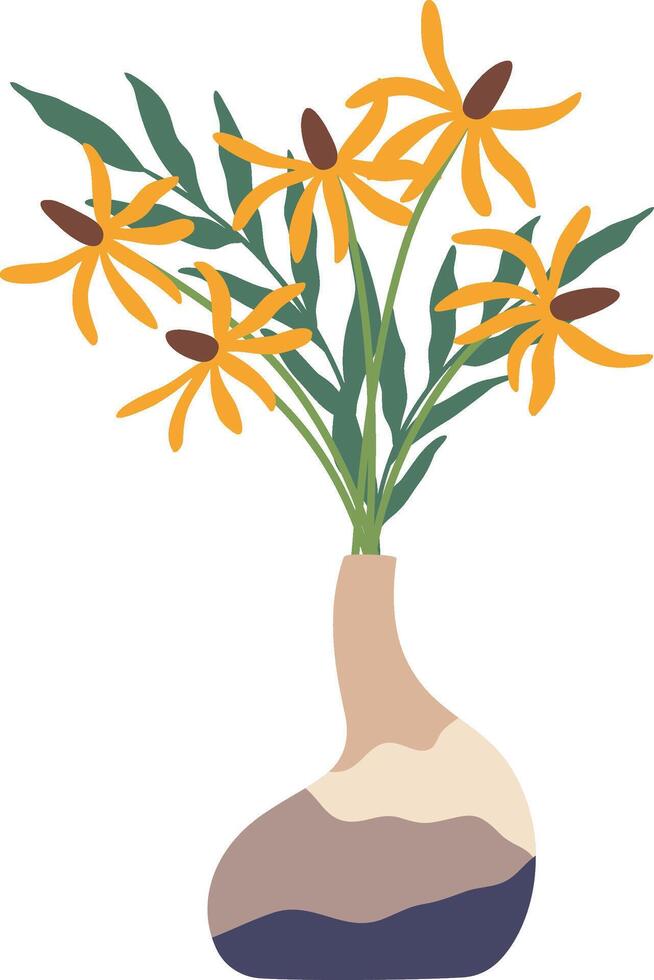 Bouquet of yellow flowers with green leaves standing in a modern vase with an abstract design, creating a stylish and artistic home decoration vector