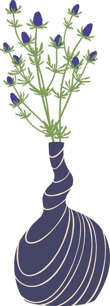 Minimalist illustration featuring purple flowers arranged in a stylish contemporary vase adorned with a spiral pattern, creating a sophisticated and artistic floral composition vector