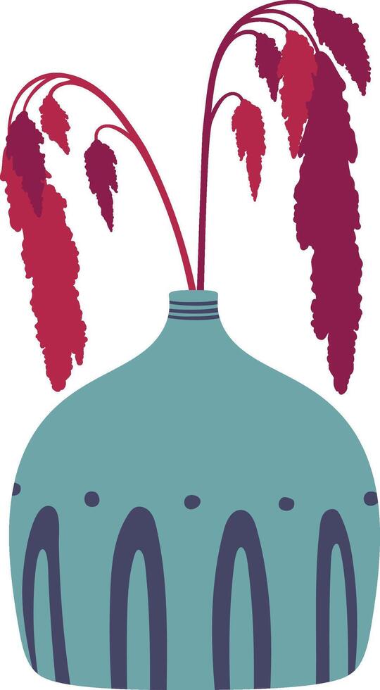 Two stems of red amaranth flowers are displayed in a decorative turquoise vase with purple lines and dots, creating a simple yet elegant floral arrangement vector