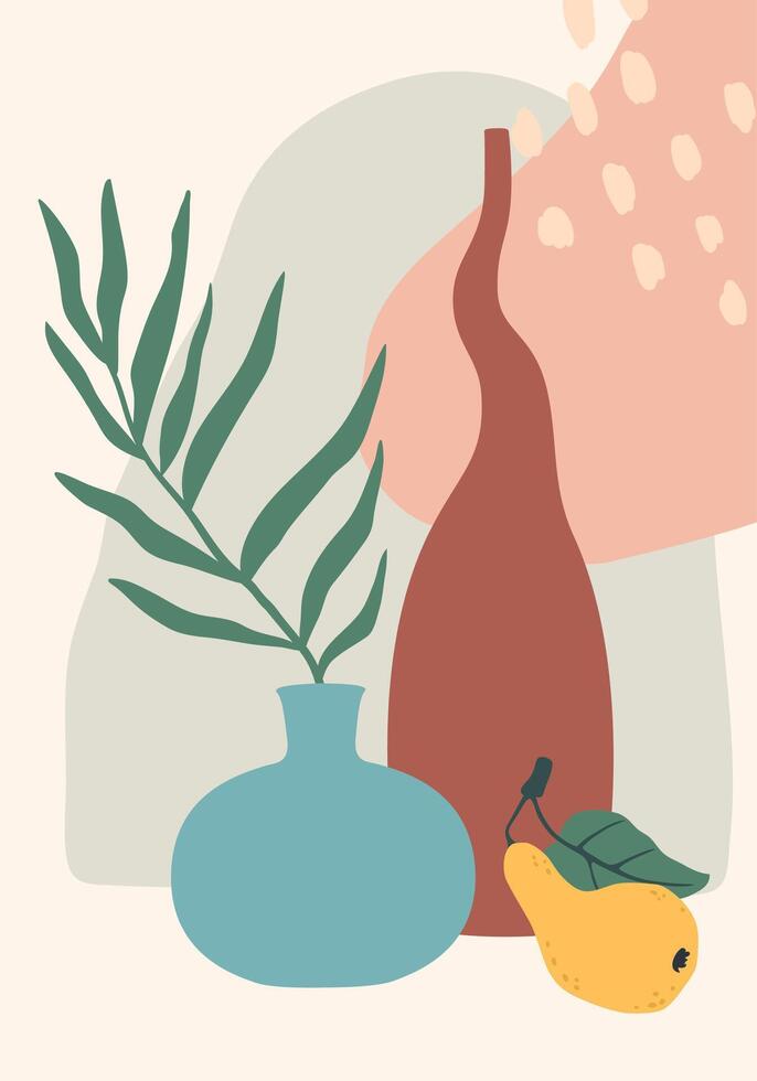 Minimalist still life composition balancing organic shapes with geometric forms, featuring a vase with a plant, a bottle, and a pear, creating a serene and artistic atmosphere vector