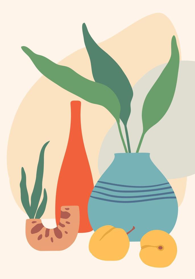 Modern and colorful still life composition featuring plants, vases and fruits over an abstract background, perfect for home decor, wall art and design projects vector