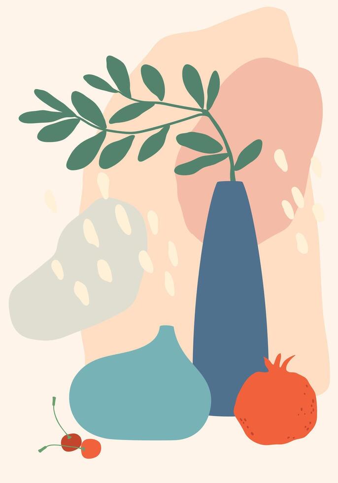 Modern and colorful still life composition featuring a plant in a vase, a pomegranate, cherries, another vase and abstract shapes in pastel colors creating a decorative and artistic scene vector