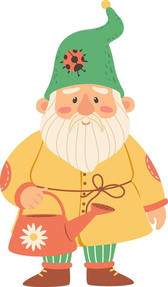 Cute cartoon garden gnome wearing green hat with ladybug, yellow coat and striped trousers, holding orange watering can with white daisy, isolated on white background vector