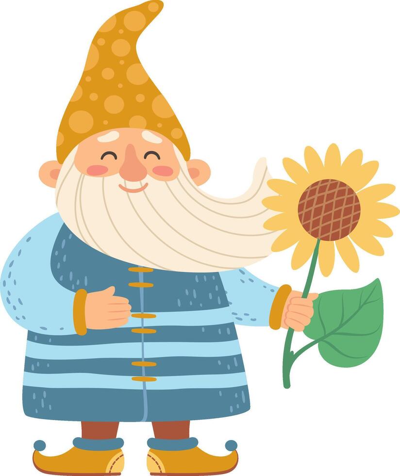 Cheerful garden gnome holding a sunflower, dressed in a long blue coat and yellow pointy hat, isolated on white, perfect for children's book illustrations or fantasy projects vector
