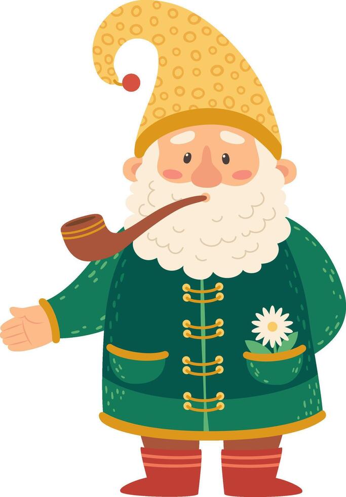 Cartoon gnome sporting a long white beard. Wearing a vibrant green coat and cheerful yellow hat. Smoking a pipe while gesturing invitingly with one hand. Featuring a white flower tucked in his pocket vector