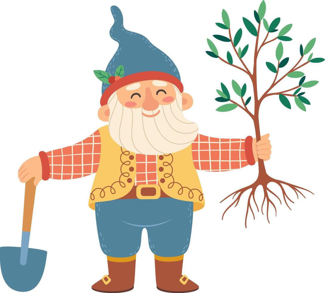 Happy garden gnome with a shovel in one hand and a small tree sapling in the other, ready for planting, promoting environmental awareness and gardening activities vector