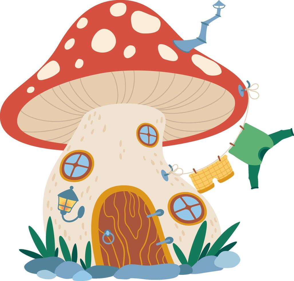 Cute mushroom house with clothes hanging, chimney, windows, door, grass, rocks and lantern, creating a magical and whimsical fairy tale atmosphere vector