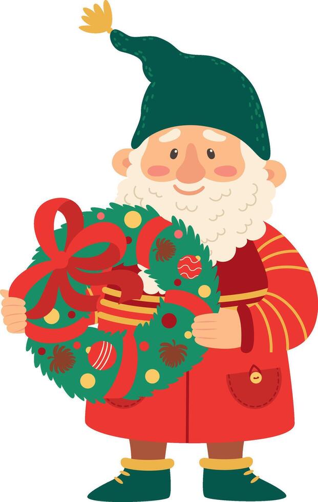 Christmas gnome featuring a long white beard, dressed in a red coat and green hat, joyfully holding a festive wreath adorned with a red ribbon, colorful balls, pine cones, and a gift box vector