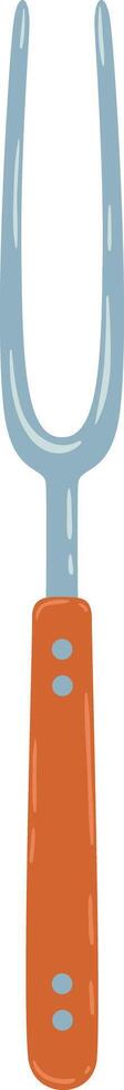 Large meat fork with an orange handle and two metallic prongs is standing upright against a white background, ready for use in a kitchen or barbecue setting vector