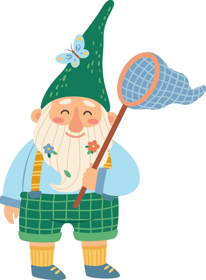 Cute gnome with butterfly net and a butterfly on his hat is catching butterflies and smiling in a spring garden, illustration isolated on white background vector
