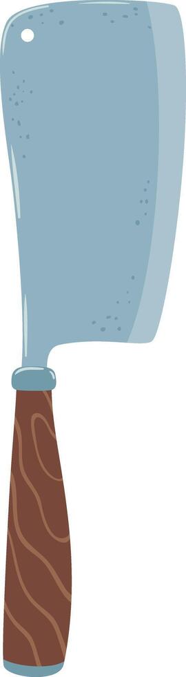 Large and sharp meat cleaver with wooden handle standing vertically on a white background, useful kitchen utensil for cutting meat, poultry, and vegetables vector