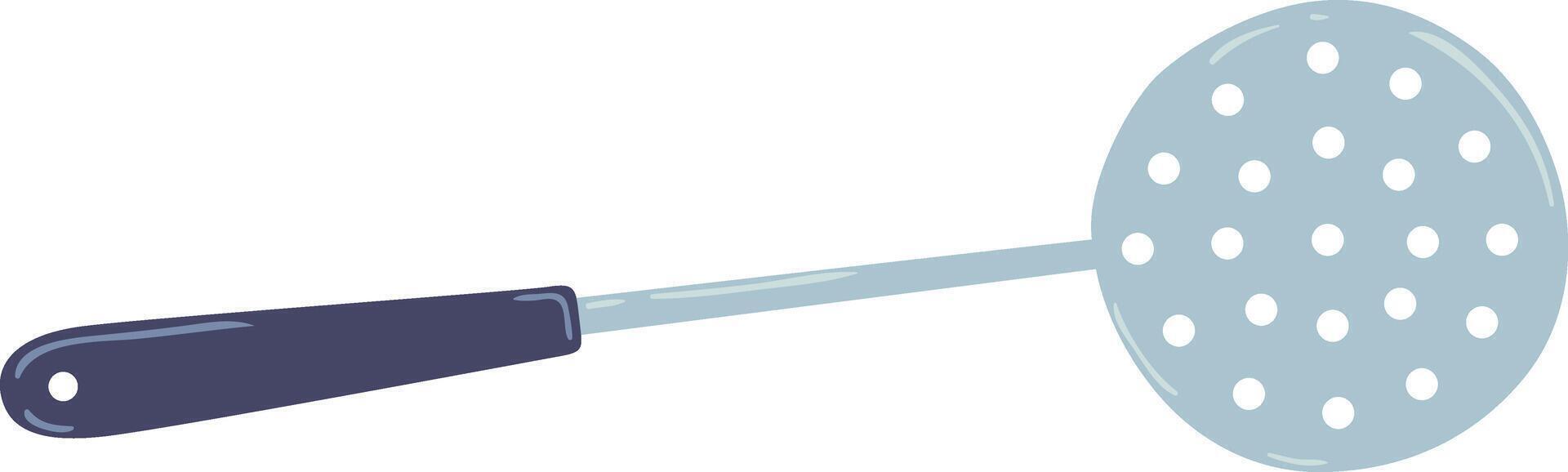 Cartoon illustration of a skimmer with a dark blue handle and a light blue perforated ladle, ideal for frying and serving food in the kitchen vector