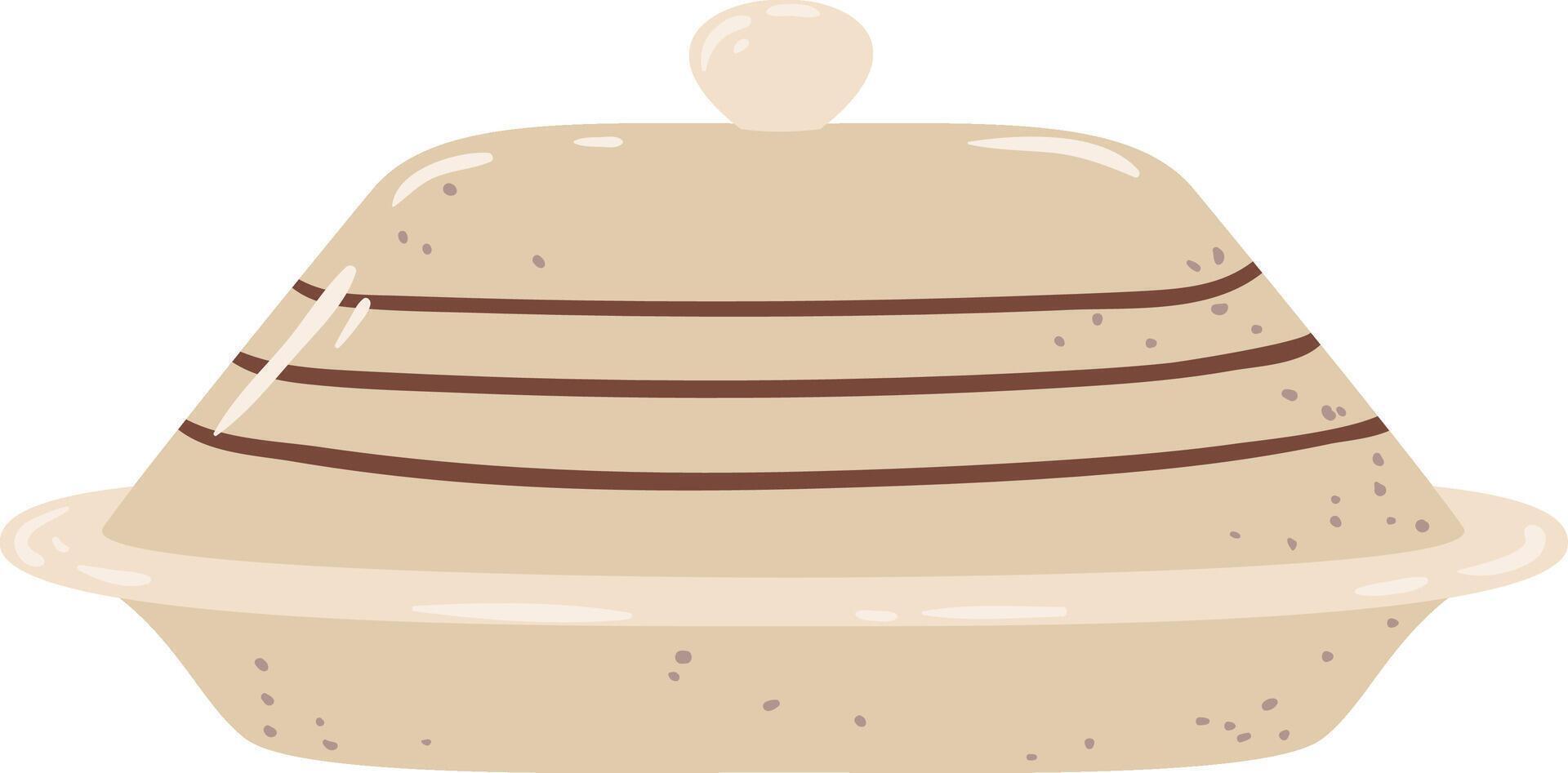 Butter dish featuring a lid, placed on a tray, preserving butter in a fresh and spreadable state, perfect for enhancing breakfast or teatime experiences vector