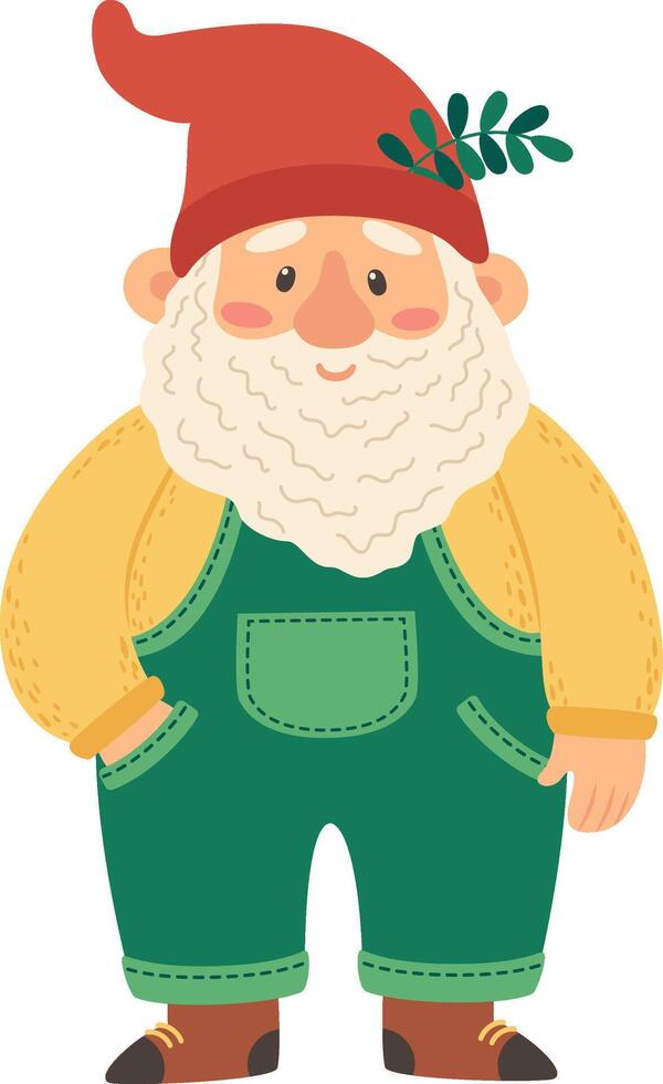 Cheerful garden gnome with a long white beard, dressed in green overalls, a yellow shirt, and a red pointed hat, standing with one hand in his pocket and smiling vector