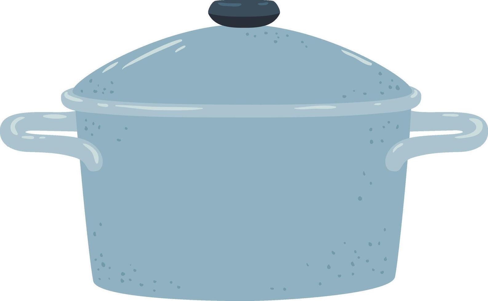 Light blue metal cooking pot with two handles and dark round handle on lid, isolated on white background, kitchen utensil for cooking soups, sauces and stews vector