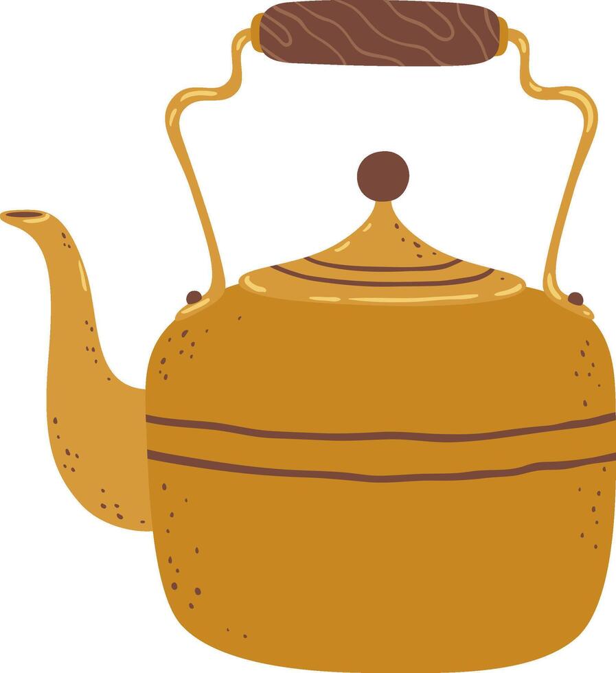 Kettle featuring a wooden handle, spout, and lid, isolated against a white background, ideal for brewing hot tea or infusions and enhancing morning beverage rituals vector