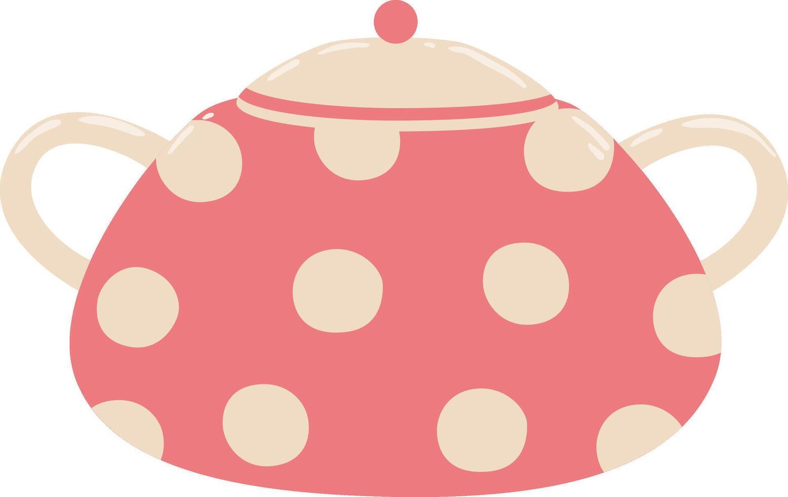 Cute pink teapot adorned with beige polka dots and a charming lid, resting on a white background, offering an ideal solution for storing and serving tea to guests vector