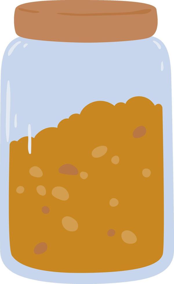 Crunchy peanut butter filling half of a glass jar with a wooden lid, featuring a simple illustration set against a clean white background, emphasizing its delicious, nutty appeal vector