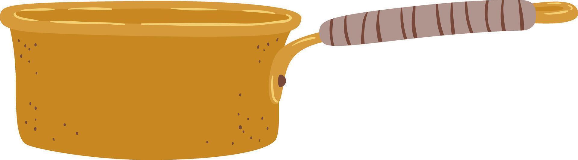 Simple illustration of an old cooking pot with a long wooden handle, isolated on a white background, perfect for recipe books or cooking websites vector