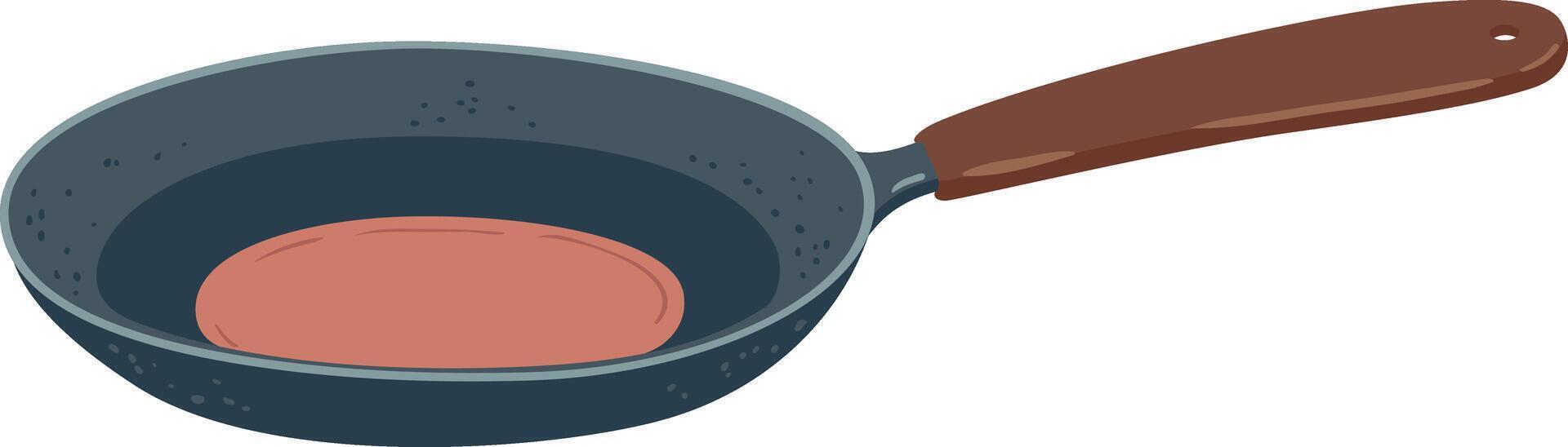 Cartoon drawing featuring a frying pan sizzling with a delicious burger patty, effectively illustrating concepts of cooking and food preparation in a vibrant kitchen setting vector