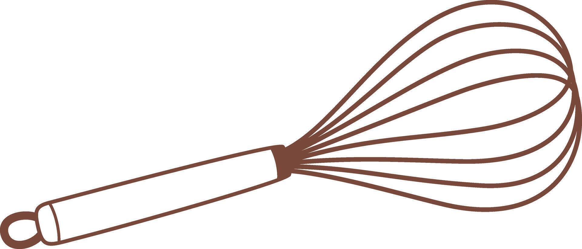 Simple brown line drawing of a kitchen whisk with thin metal wires and handle with hook, isolated on white background, representing baking and cooking tools vector