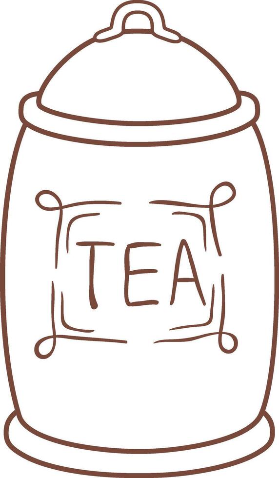 Hand drawn illustration of a brown ceramic tea canister with a lid, featuring a label that says tea and elegant decorative swirls, evoking a cozy and traditional teatime atmosphere vector