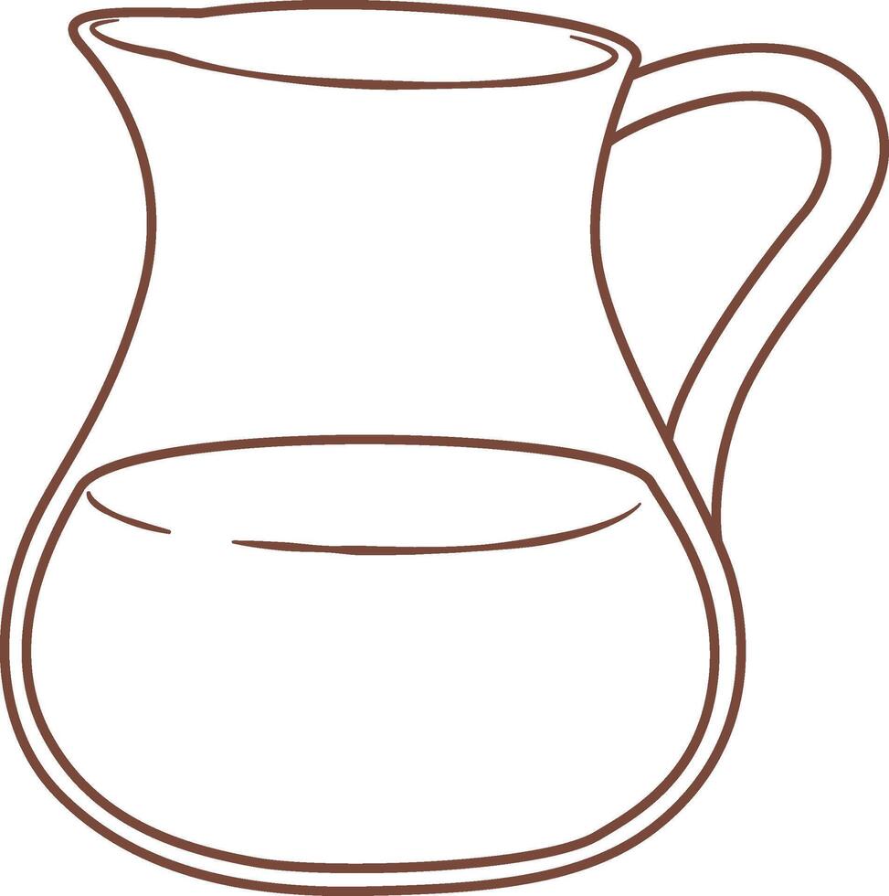 Simple line drawing of a brown ceramic pitcher containing water, featuring a handle and a wide mouth, ideal for breakfast or beverage service vector