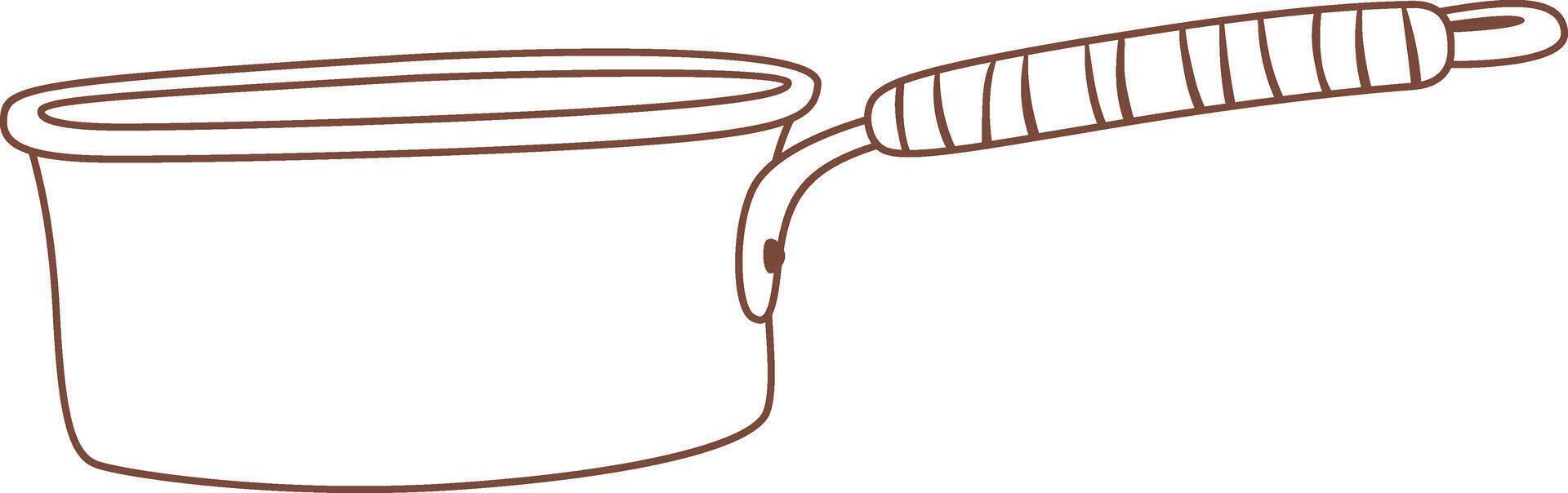 Simple brown line drawing featuring a saucepan with a long handle, illustrating a cooking pot ideal for food preparation in various culinary settings vector