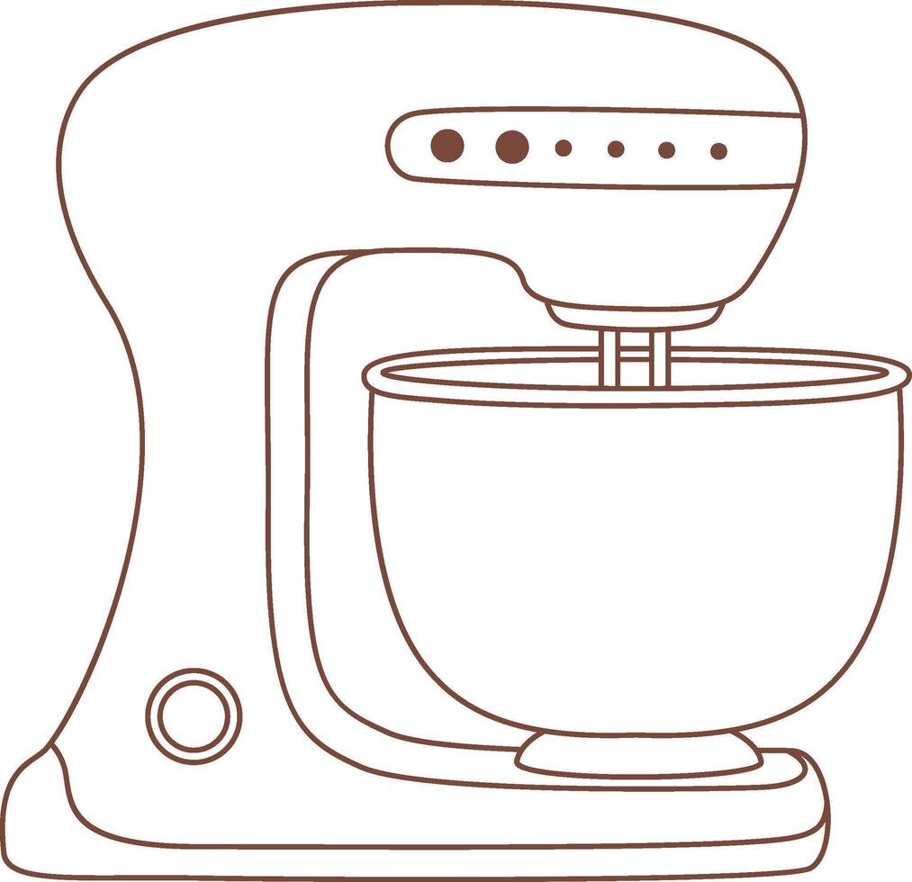 Simple brown line drawing featuring a stand mixer in action, blending ingredients for delicious recipes. Perfect for use in cookbooks, cooking websites, or kitchen themed graphics vector
