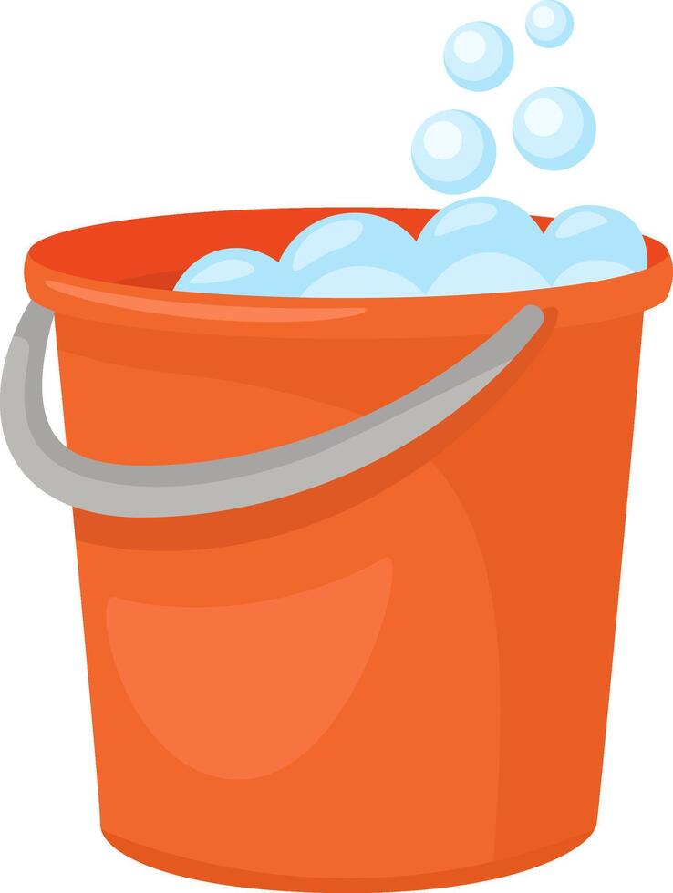Orange bucket filled with soapy water, creating an abundance of bubbles that overflow against a clean white background, ideal for illustrating cleaning and housework tasks vector