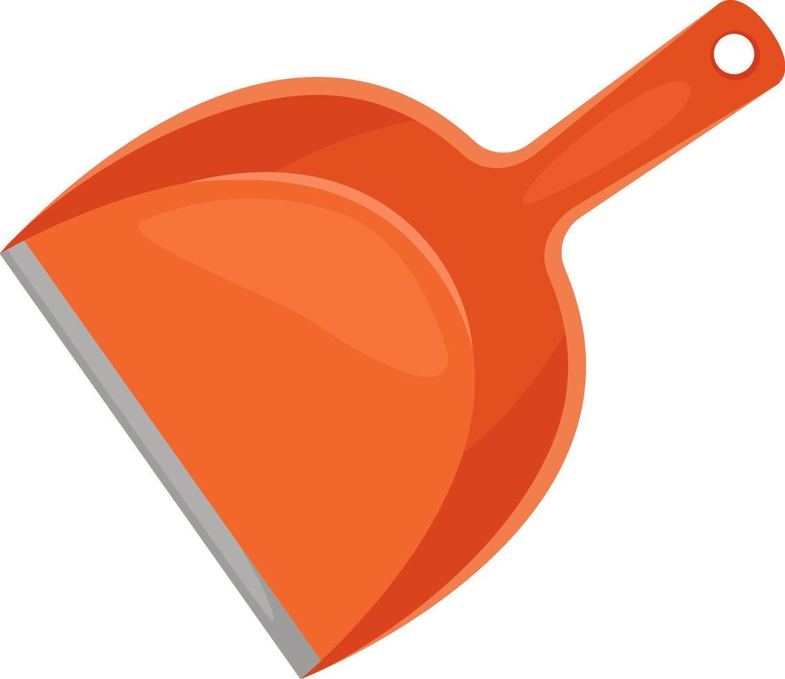 Orange plastic dustpan resting on a white background, featuring a metal edge for effective collection of dust and debris, making cleaning tasks easier and more efficient vector