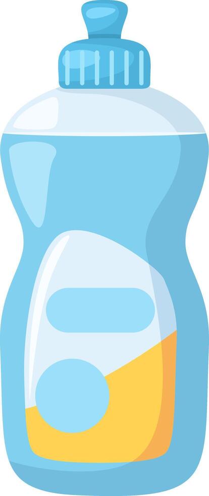 Blue plastic bottle with a light blue cap containing a yellow cleaning liquid and a blank label promotes hygiene and cleanliness in homes and businesses vector