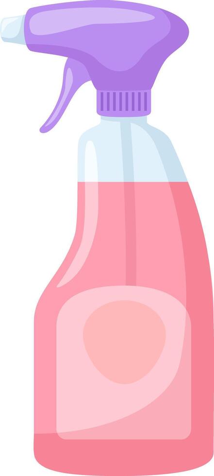 Pink cleaning product in a transparent plastic spray bottle with purple trigger for cleaning and sanitizing various surfaces in a house, maintaining hygiene and cleanliness vector
