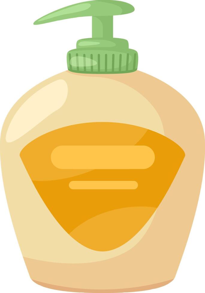 Beige plastic bottle with blank yellow label and green dispenser cap containing liquid soap for washing hands and body promoting hygiene and cleanliness vector