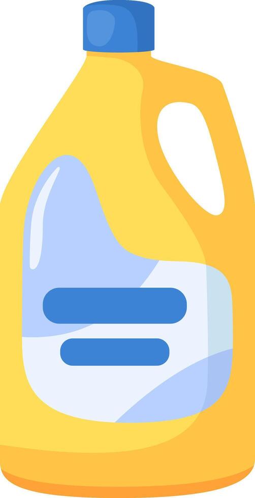 Yellow plastic bottle with handle and blue cap containing cleaning product with blue label simulating transparent content, isolated on white background vector