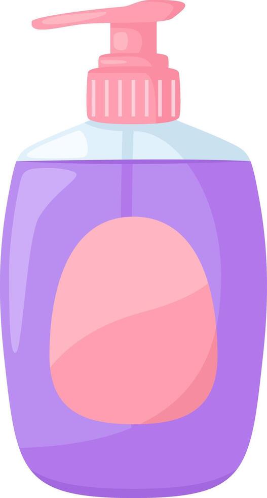 Purple plastic dispenser bottle is depicted, containing liquid soap, featuring a pink dispenser pump and a blank pink label, ideal for showcasing branding or product information vector