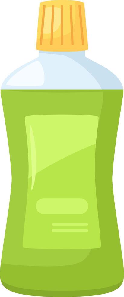 Green cleaning product housed in a transparent plastic bottle featuring a bright yellow cap, ideal for washing dishes and maintaining cleanliness in kitchenware vector