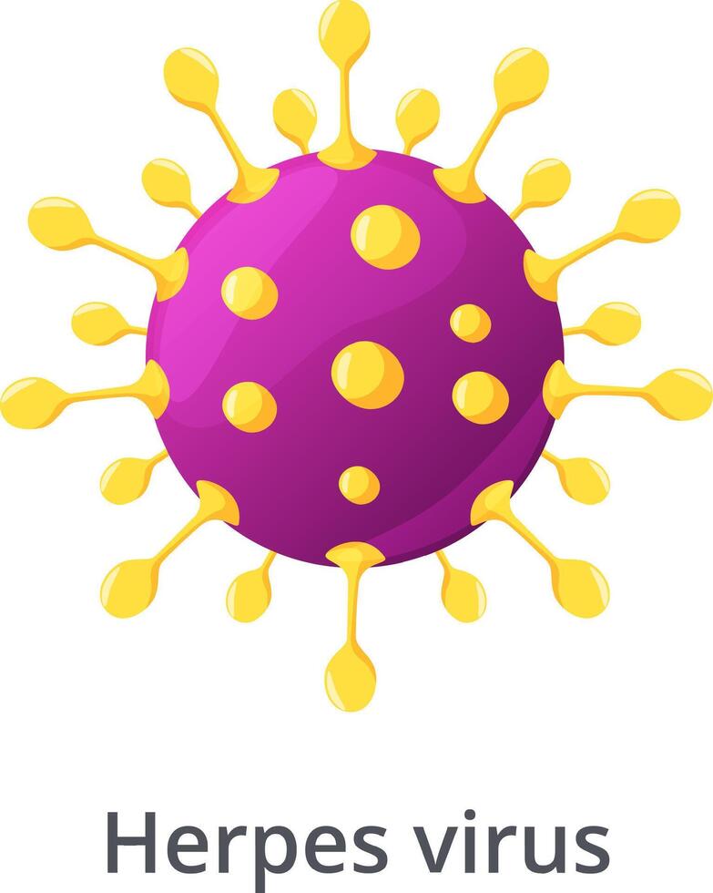 Herpes virus cell with purple core and yellow spikes causing infection, a microscopic view of a dangerous pathogen representing a health threat vector
